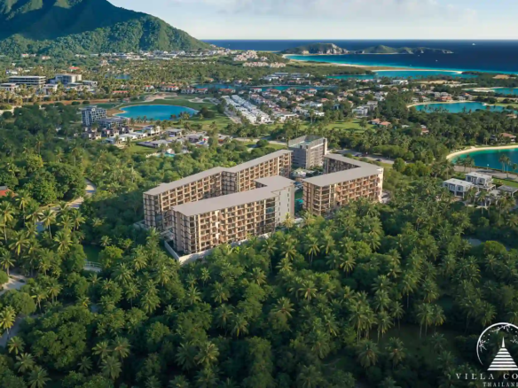 Peylaa Bangtao Beach Condominium aerial view with tropical coastline backdrop