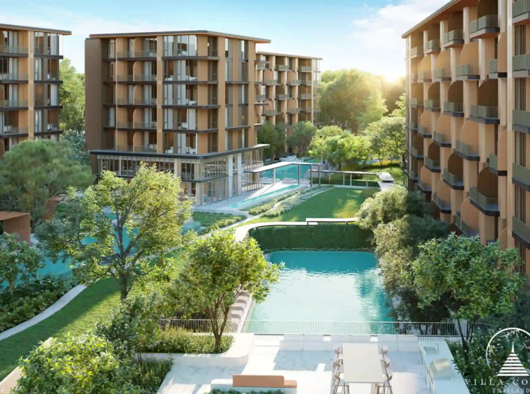 Peylaa Bangtao Beach Condominium aerial view highlighting pool and gardens