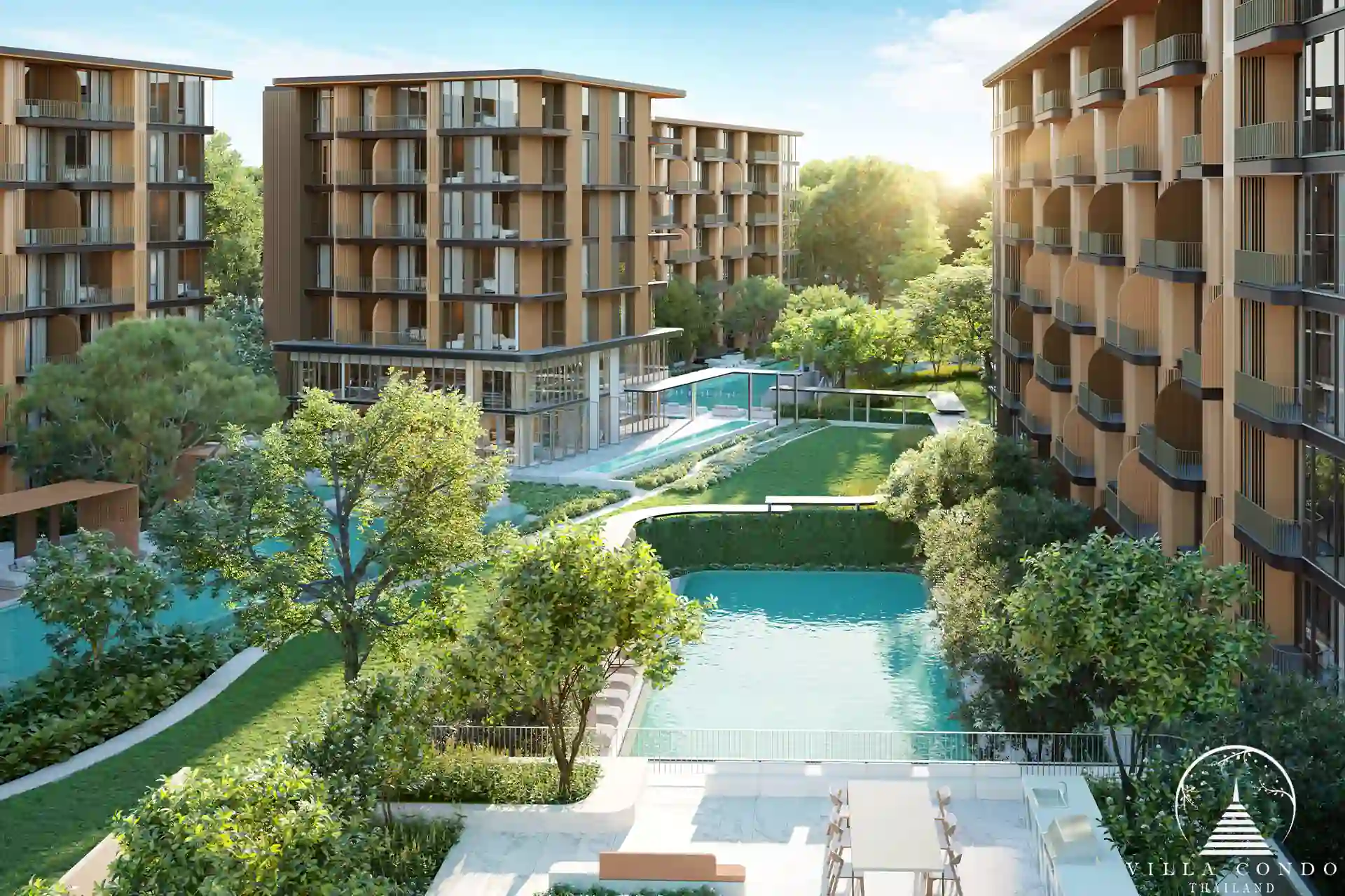 Peylaa Bangtao Beach Condominium aerial view highlighting pool and gardens