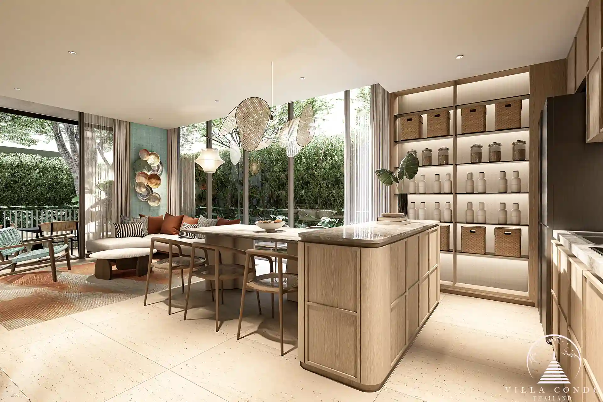 Peylaa Bangtao Beach Condominium 2B-CA dining room with large windows and greenery view