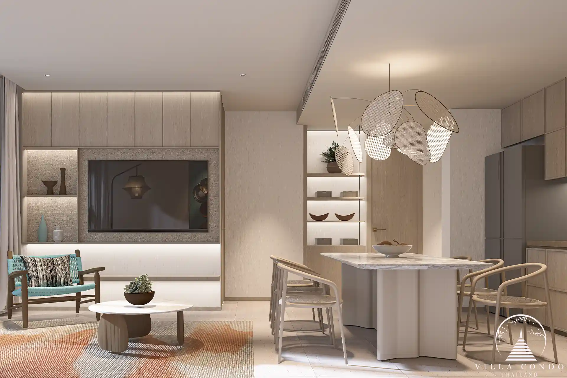 Peylaa Bangtao Beach Condominium 2B-MA living and dining area with modern lighting design