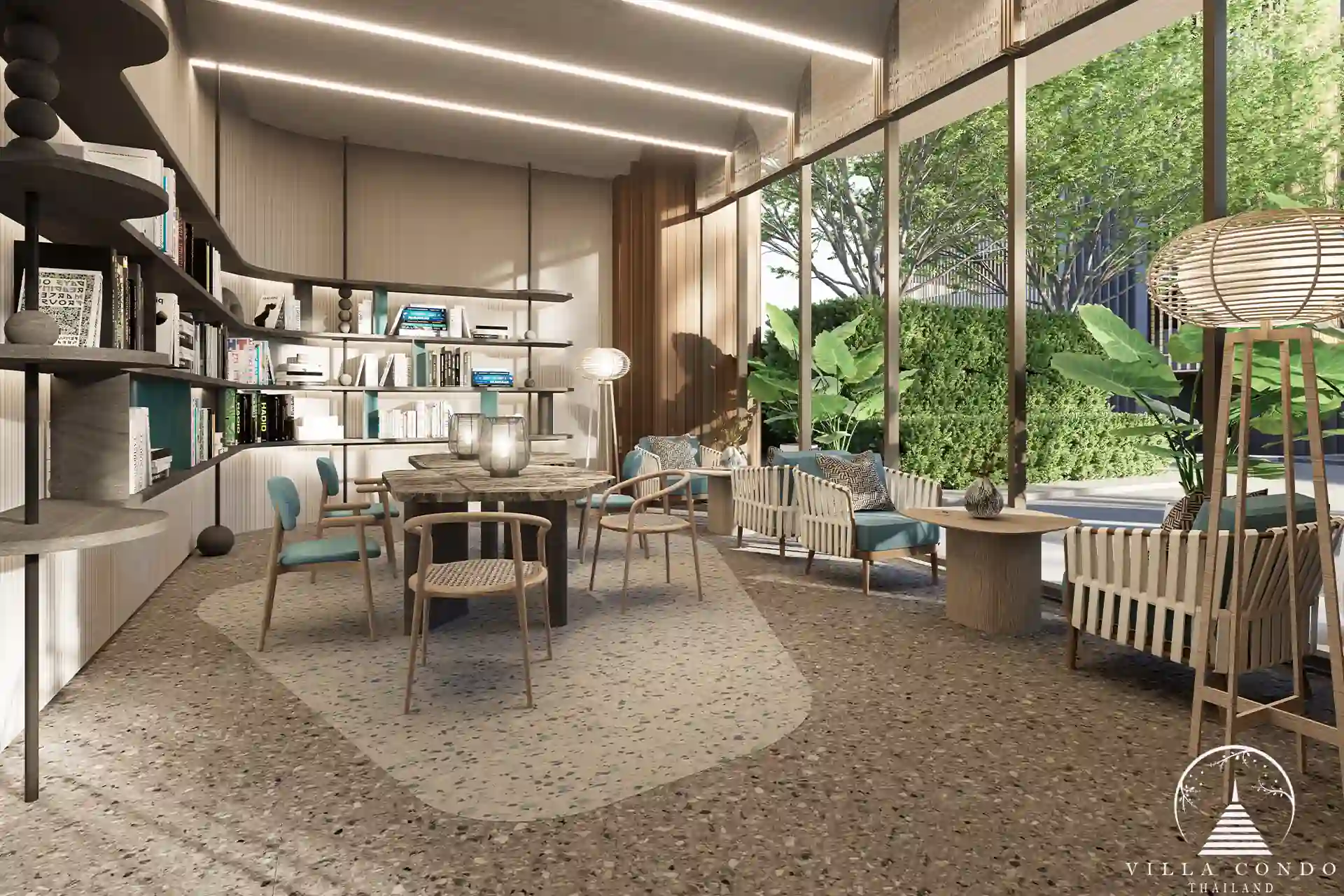 Peylaa Bangtao Beach Condominium cozy library lounge with modern seating in Phuket