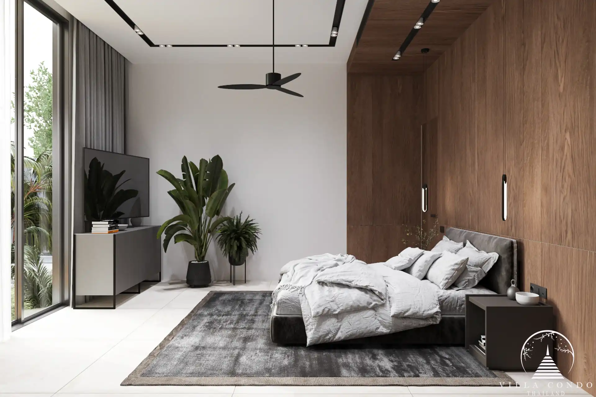 Sunti Villas Bangtao modern bedroom with garden and pool views