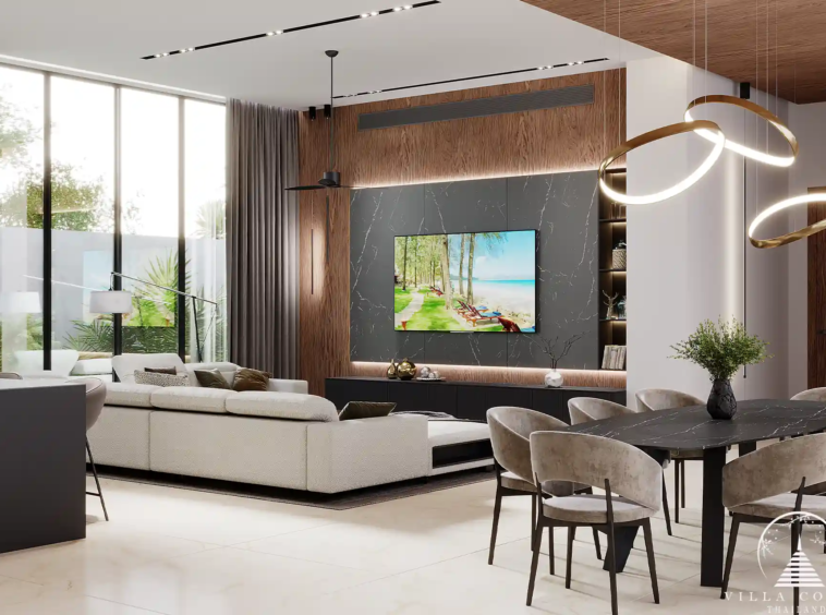 Sunti Villas Bangtao living room with designer TV wall in Phuket