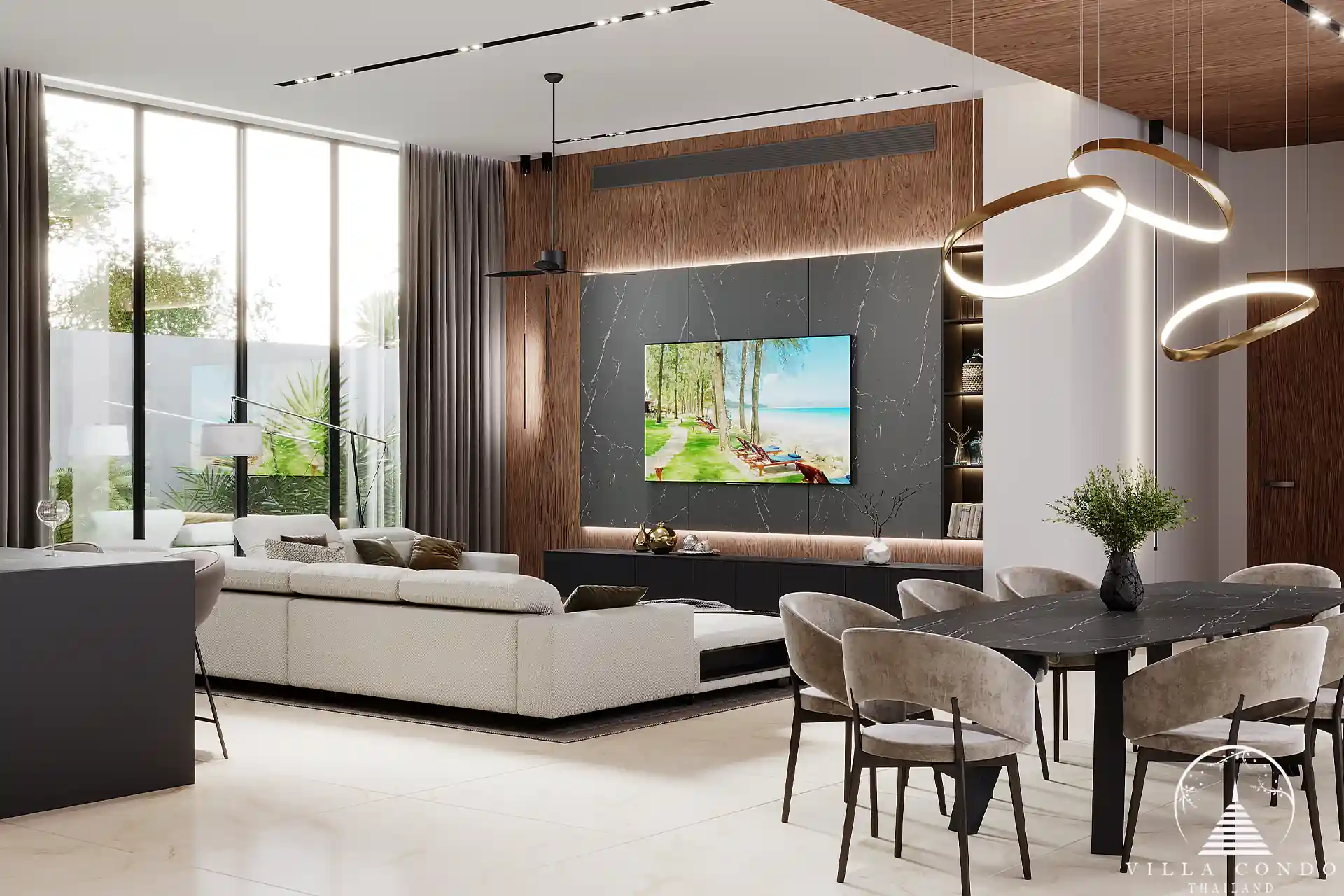 Sunti Villas Bangtao living room with designer TV wall in Phuket