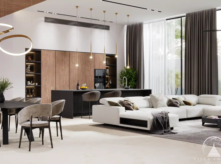 Sunti Villas Bangtao modern kitchen with luxury lounge in Phuket