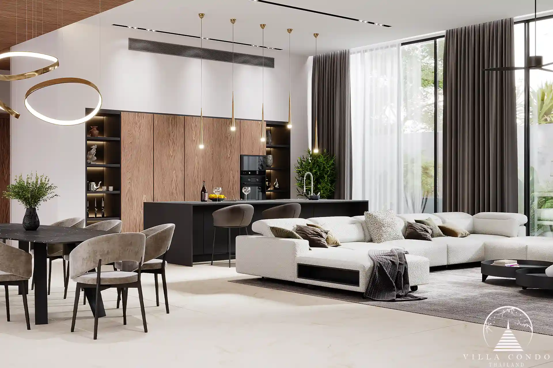 Sunti Villas Bangtao modern kitchen with luxury lounge in Phuket