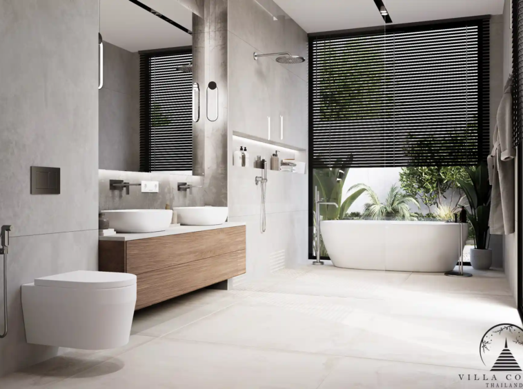 Sunti Villas Bangtao spacious modern bathroom with freestanding tub