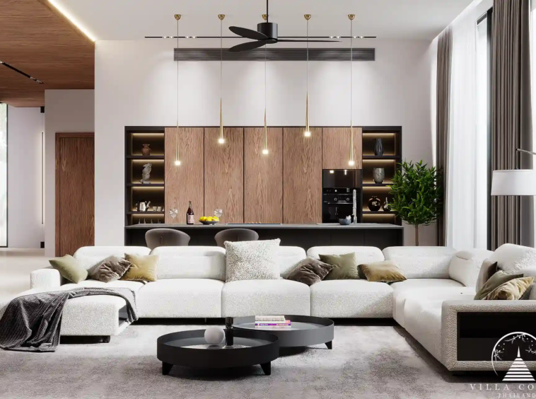 Sunti Villas Bangtao modern living room with open kitchen design
