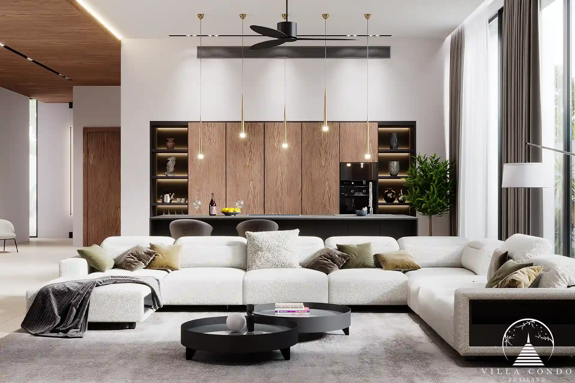 Sunti Villas Bangtao modern living room with open kitchen design