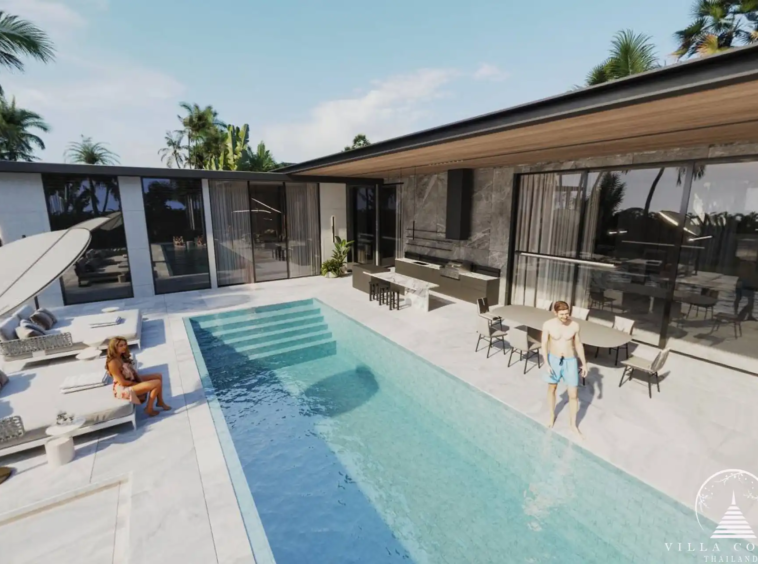 Sunti Villas Bangtao private pool with sun loungers in Phuket