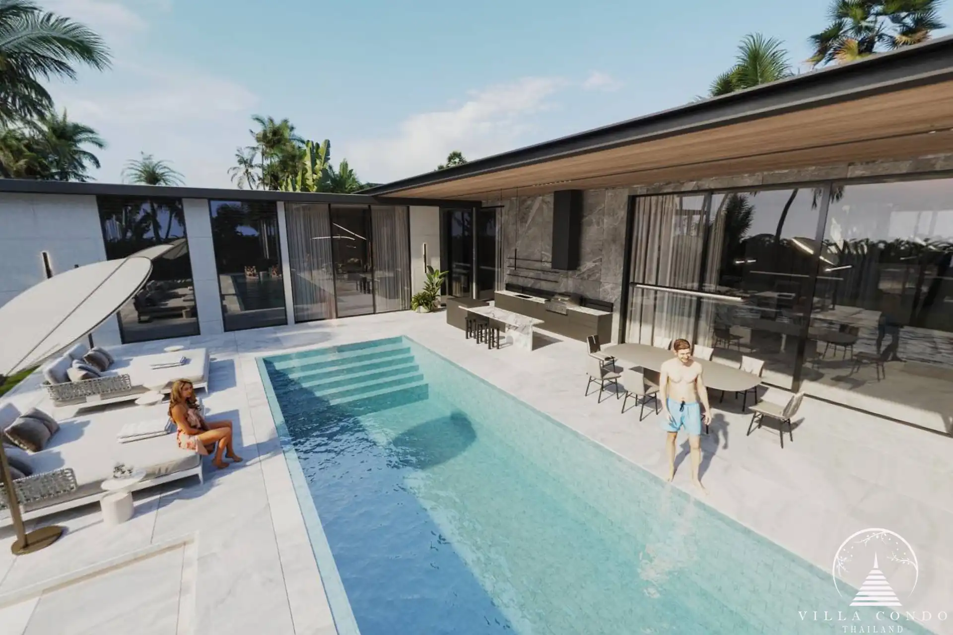 Sunti Villas Bangtao private pool with sun loungers in Phuket