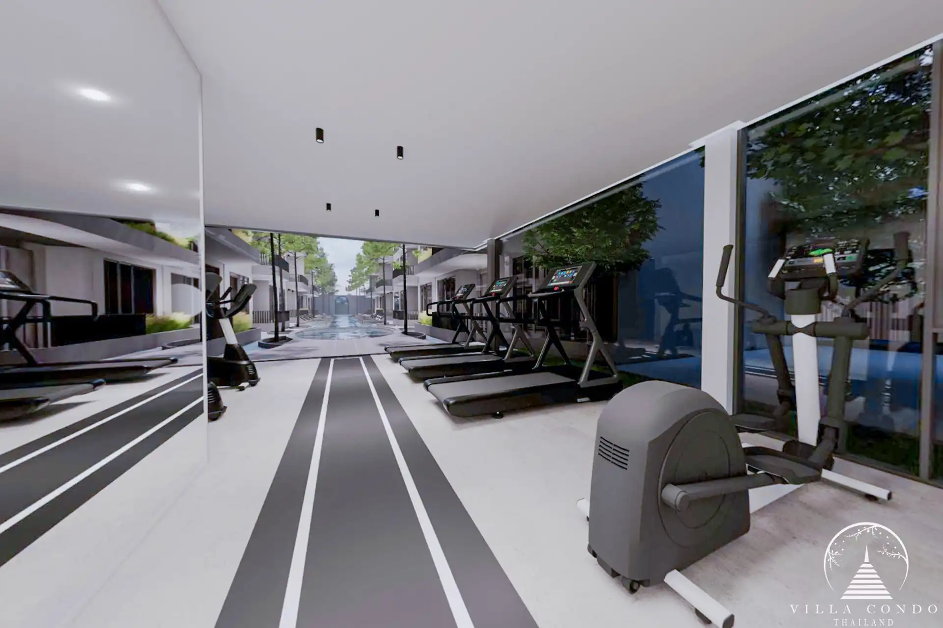 The Element Condo Kamala gym with treadmills facing pool views