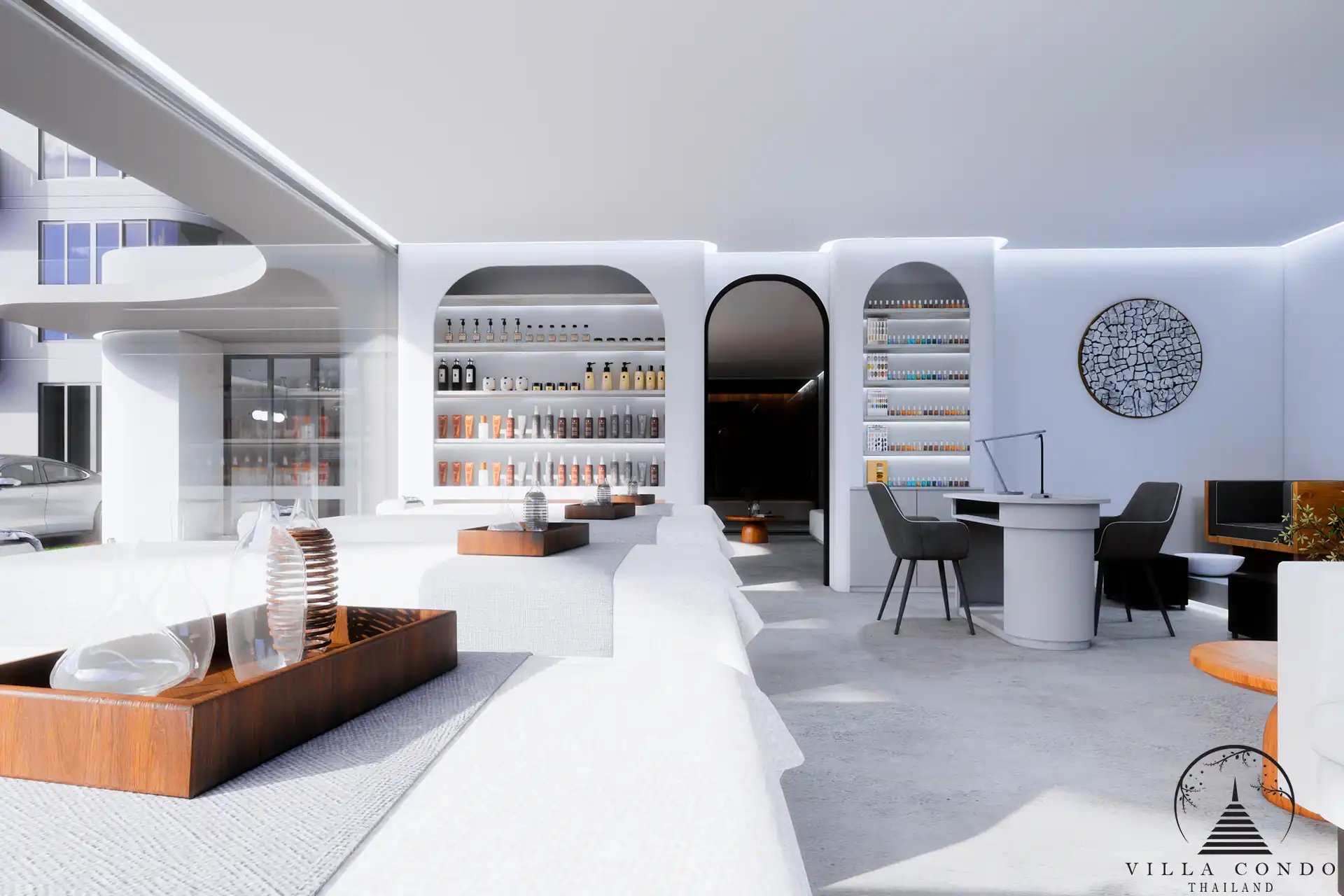 The Element Condo Kamala nail salon with manicure tables and product shelves