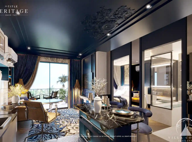 The Title Heritage Bangtao 1 bedroom 49 sqm luxury condo with blue interior design