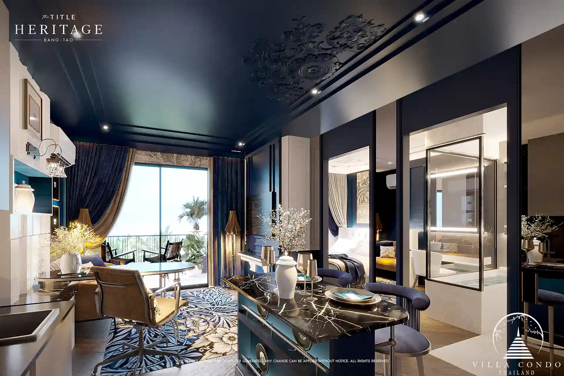 The Title Heritage Bangtao 1 bedroom 49 sqm luxury condo with blue interior design