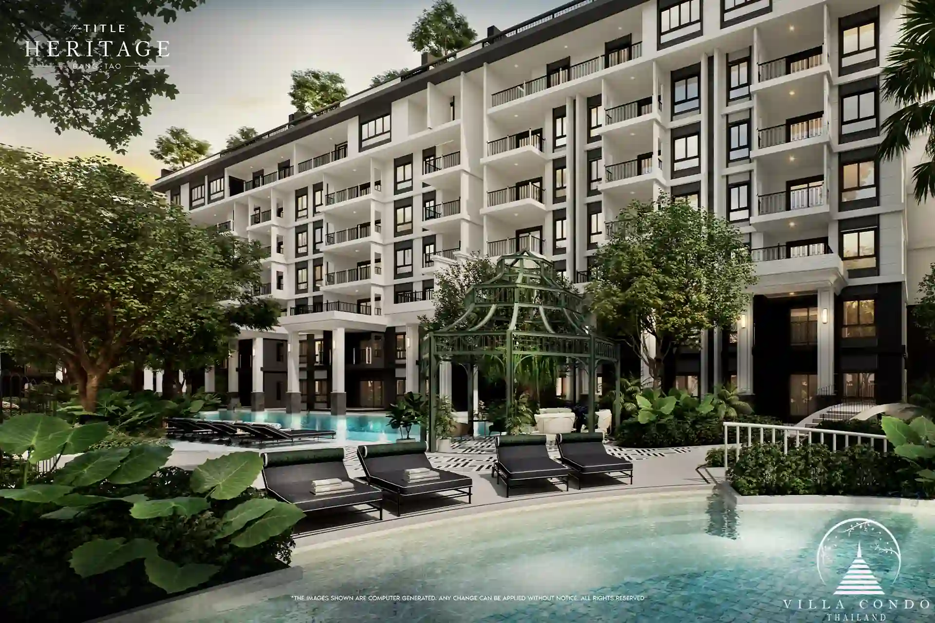 The Title Heritage Bangtao elderly pool surrounded by trees and relaxation areas
