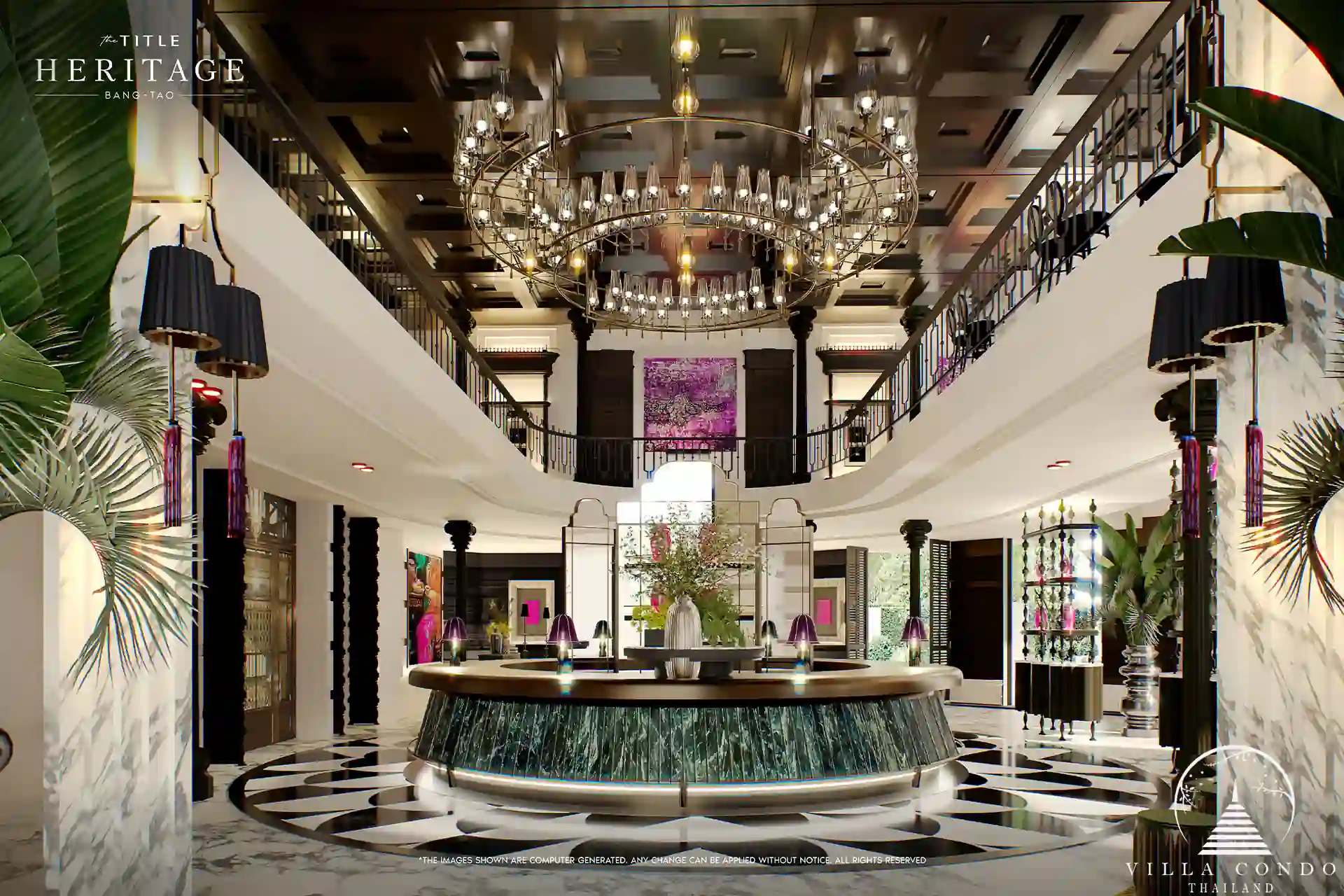 The Title Heritage Bangtao luxury lobby with chandelier and grand decor