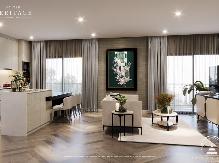 The Title Heritage Bangtao 190 sqm luxury living room with modern kitchen and dining
