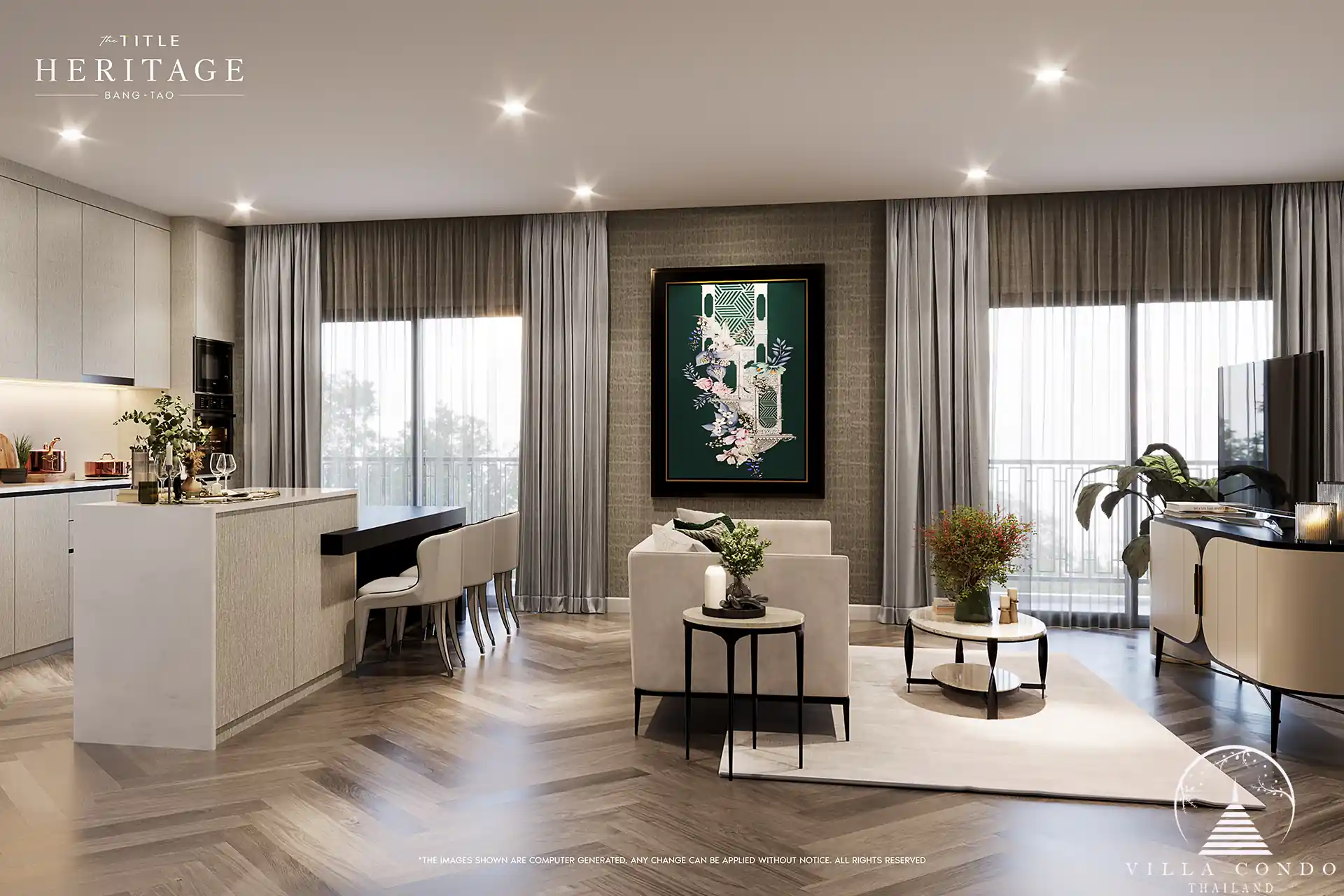 The Title Heritage Bangtao 190 sqm luxury living room with modern kitchen and dining