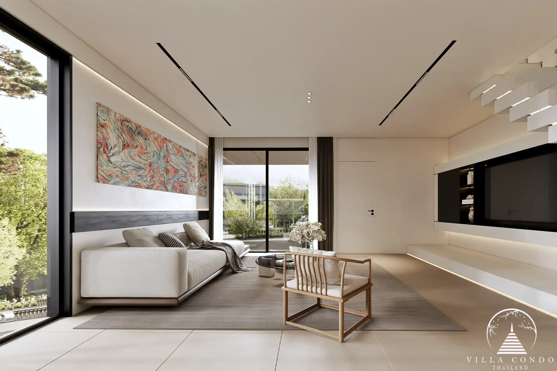 Tyssen College Villa Thep Krasattri living room with sliding doors garden