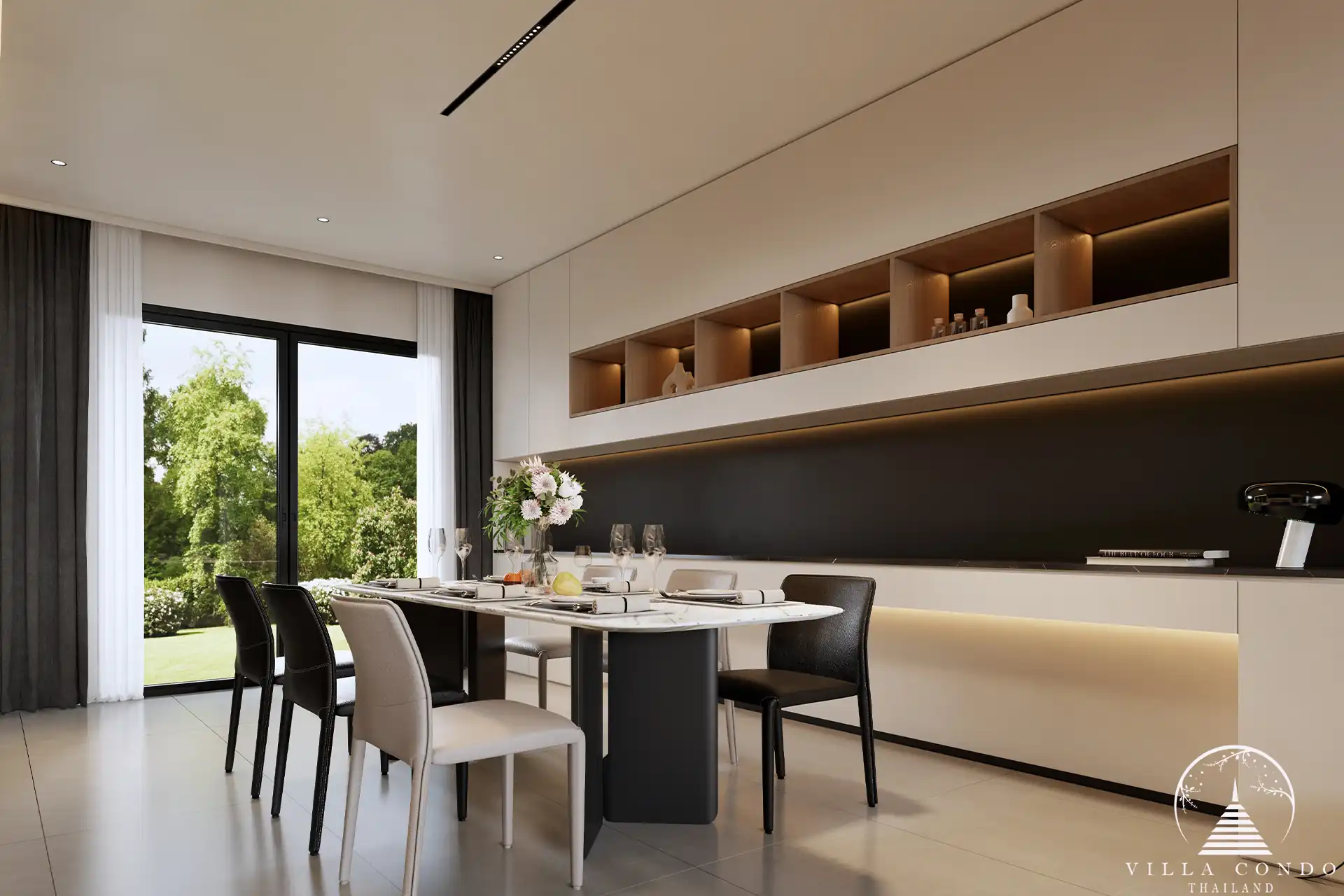 Tyssen College Villa Thep Krasattri minimalist lounge with kitchen nearby