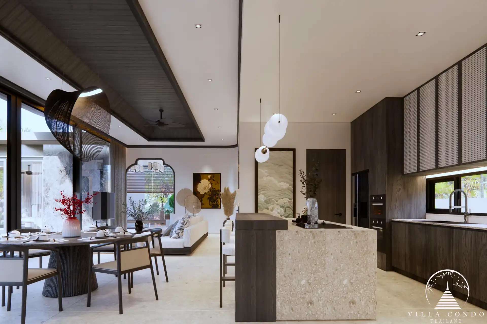 Vimannaya Residence Kitchen Dining Layout Vimannaya Residence Rawai Phuket open-plan kitchen and dining area