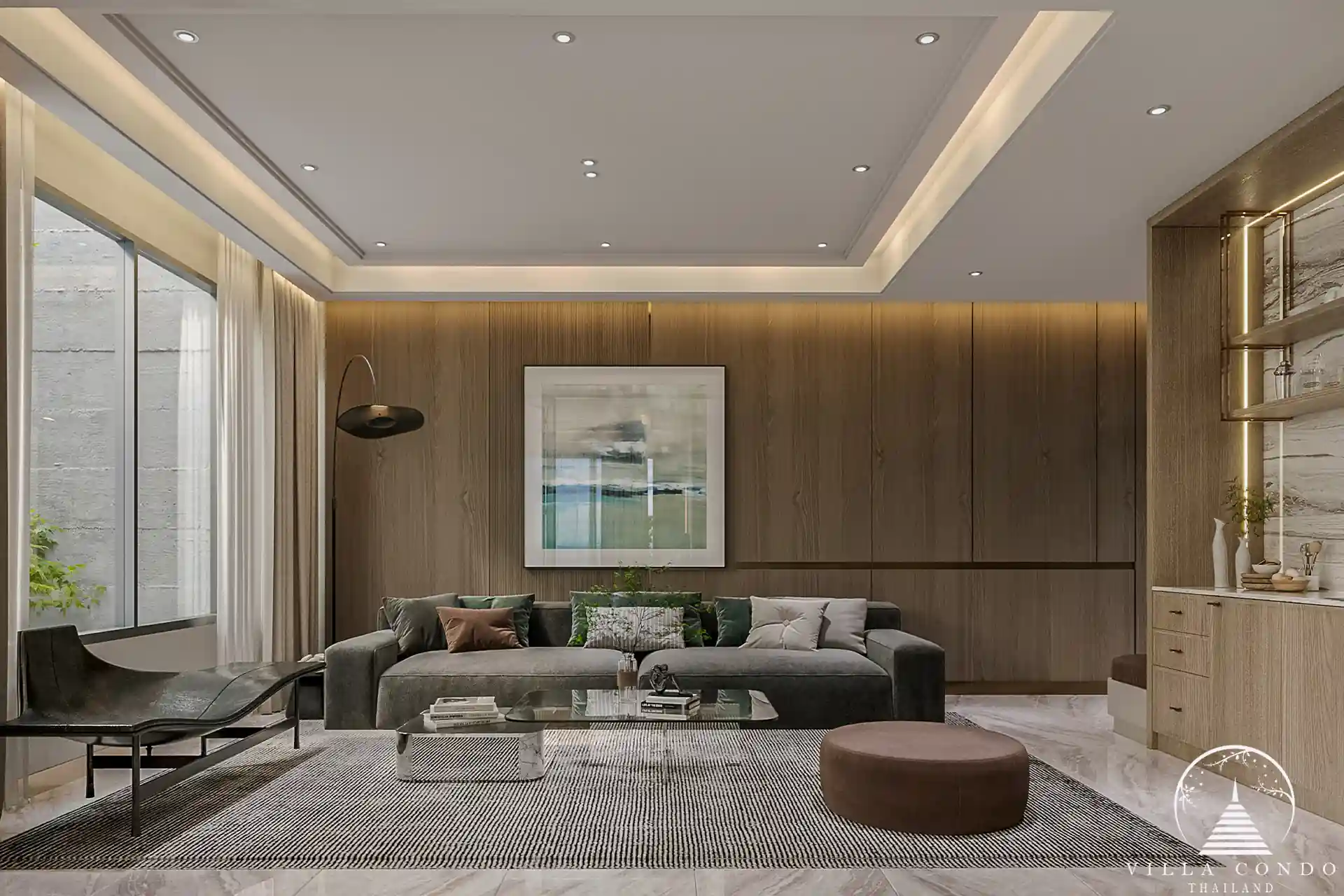 The Forest Patong Condo warm lounge with wood paneled feature wall