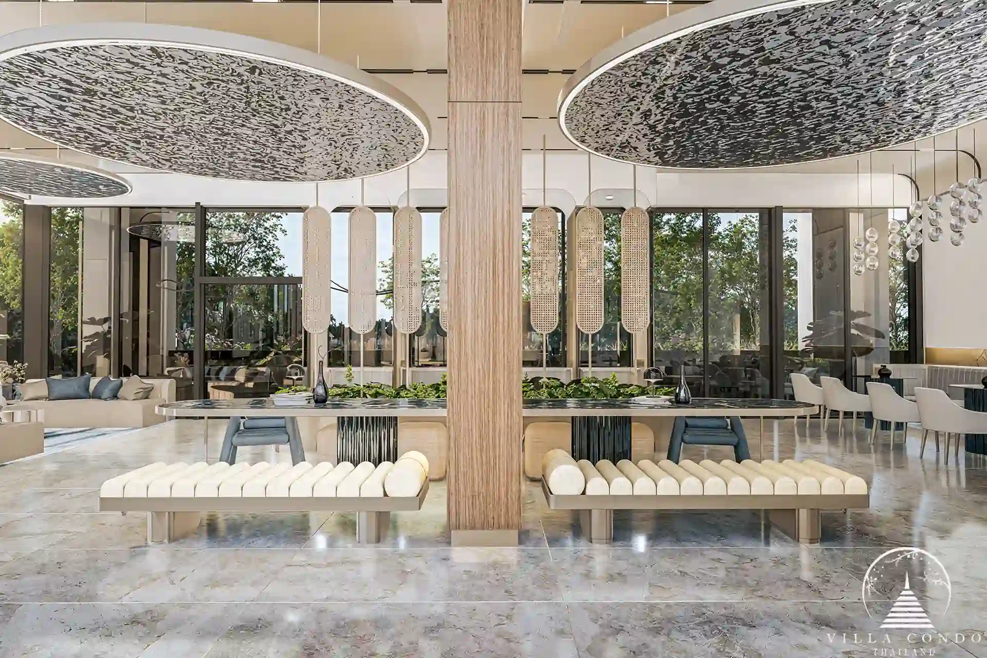 The Forest Patong Condo coworking lobby with sculpted ceiling in Phuket