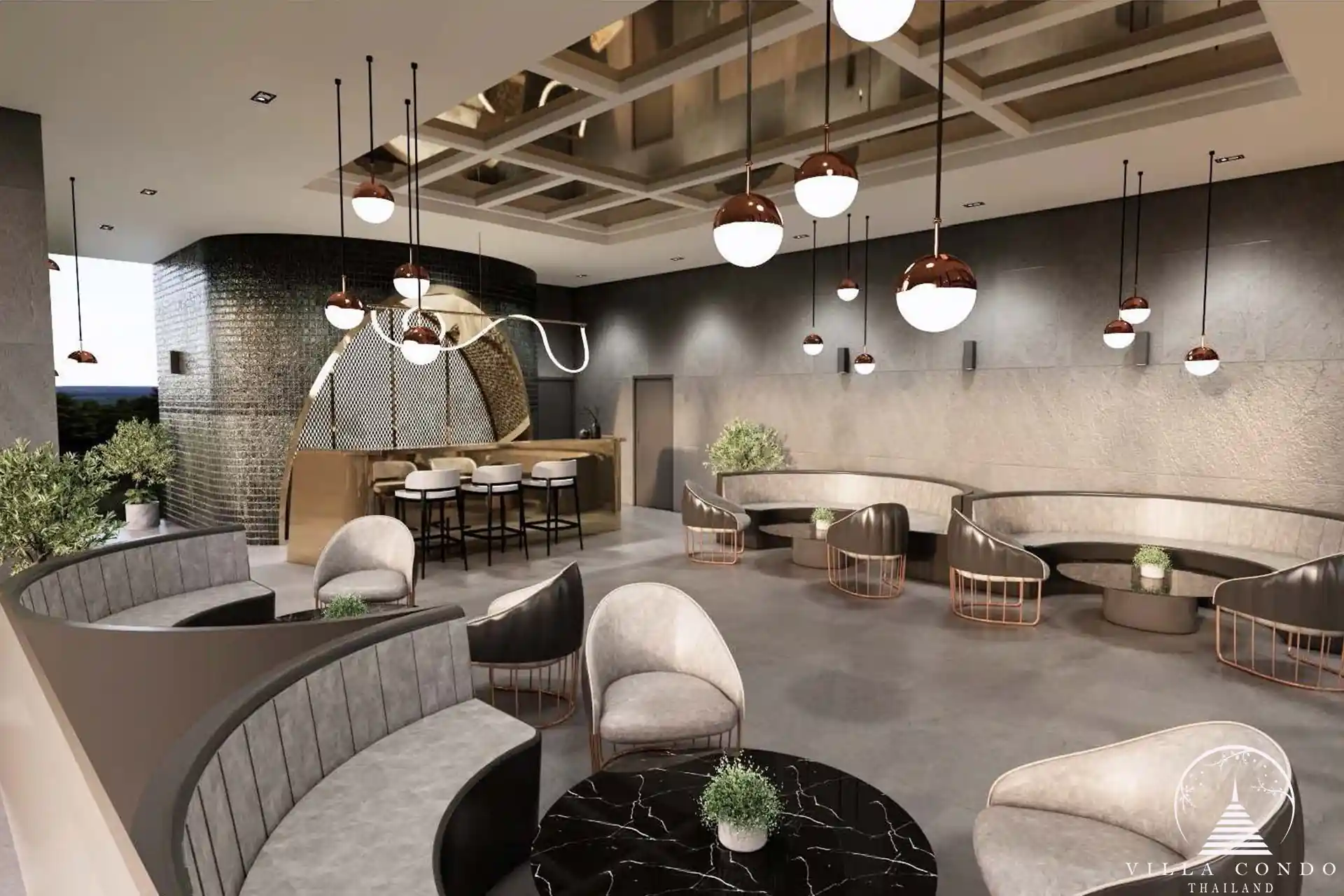 The Forest Patong Condo chic lounge bar with sculptural pendants
