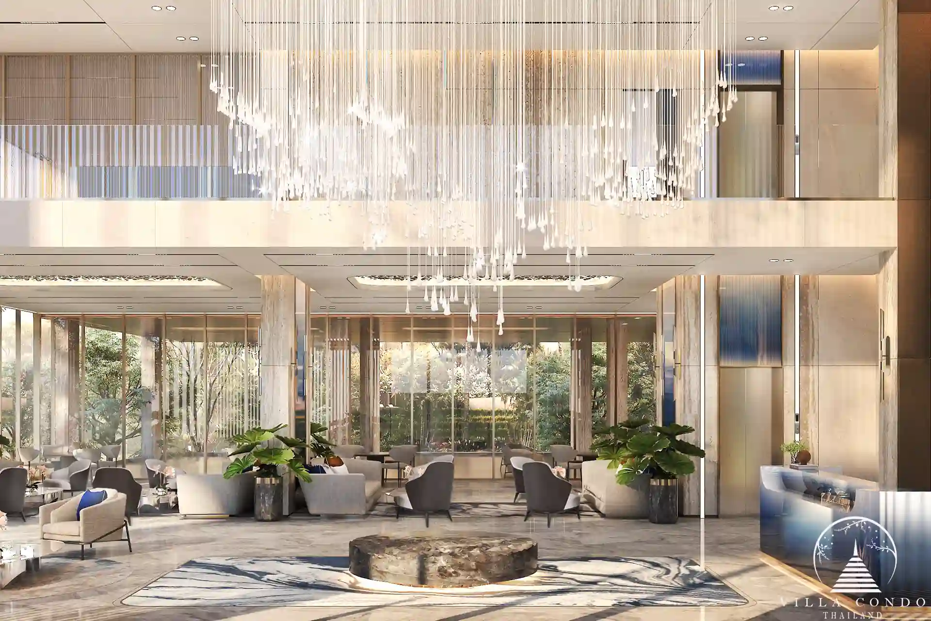The Forest Patong Condo double-height lobby with crystal chandelier