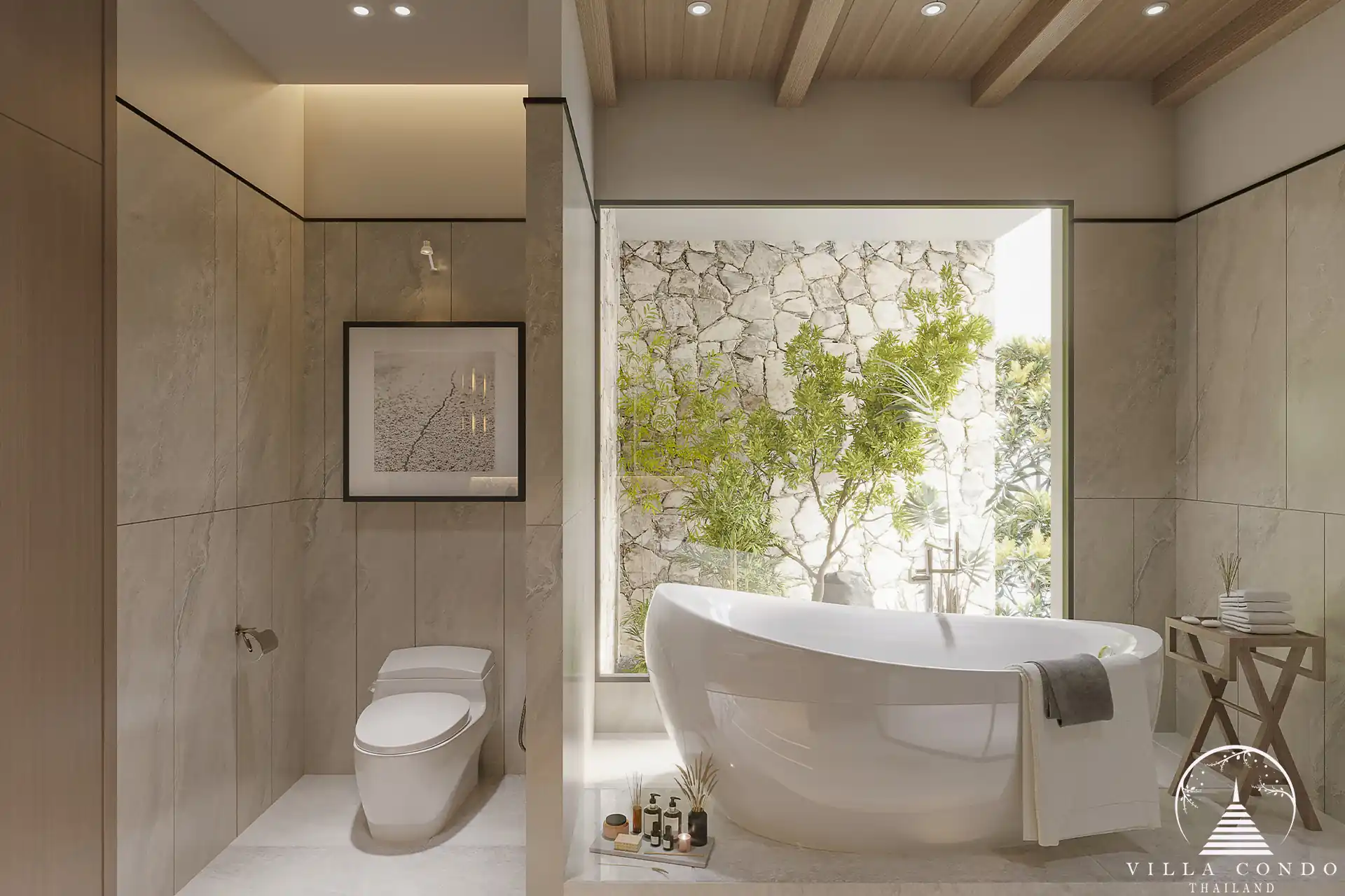 The Forest Patong Condo garden-view bathroom with sculpted tub