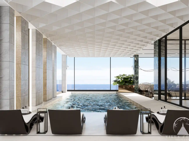 The Forest Patong Condo indoor sky pool facing blue ocean horizon