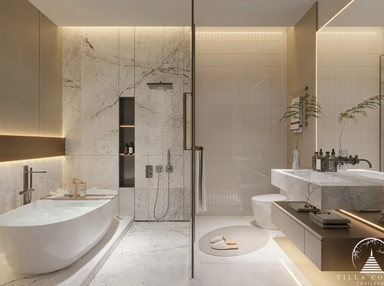 The Forest Patong Condo luxury bathroom with freestanding soaking tub