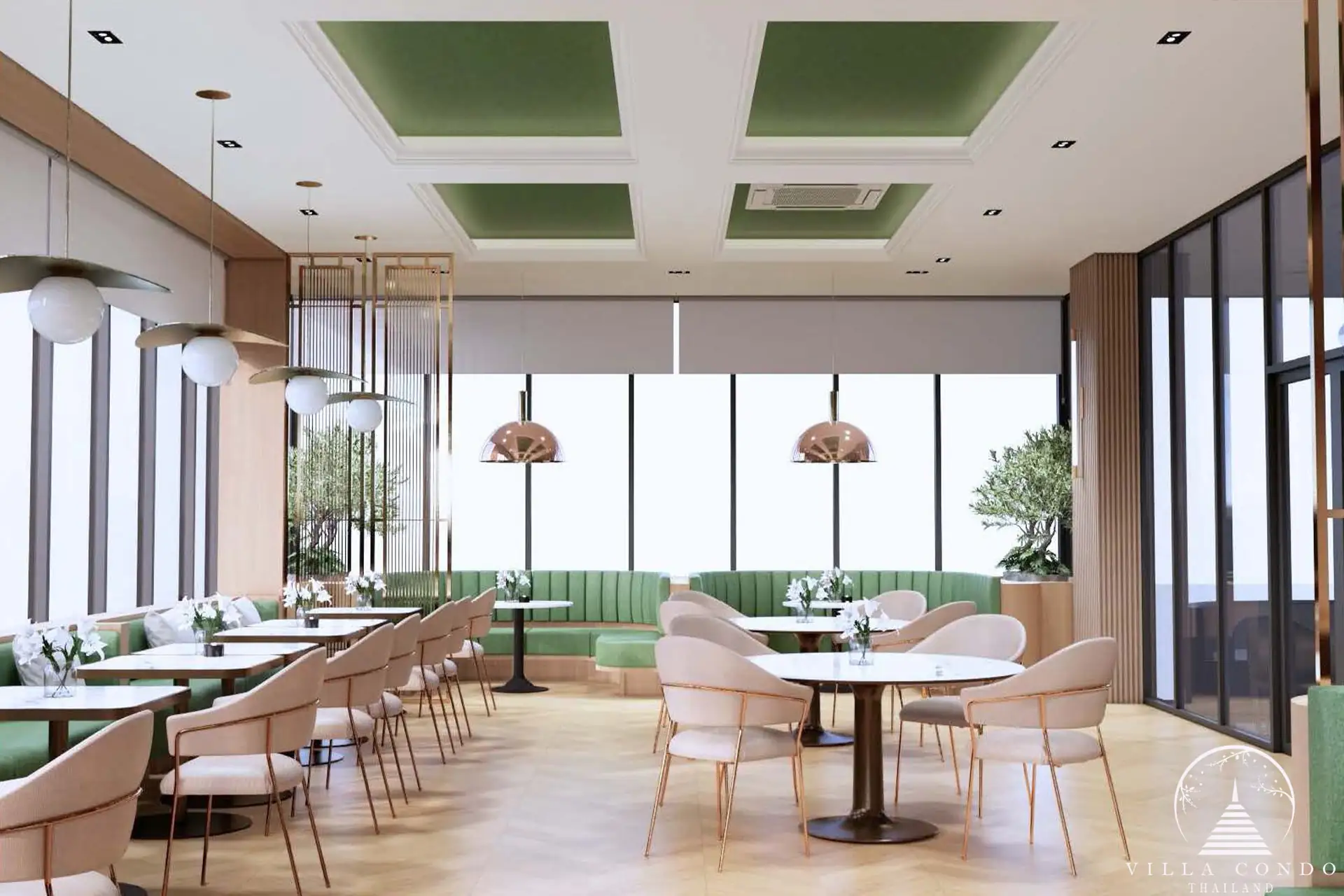 The Forest Patong Condo modern restaurant booths with floor-to-ceiling windows