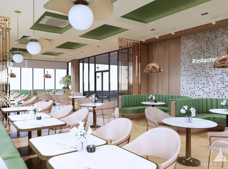 The Forest Patong Condo bright restaurant with green banquette seating