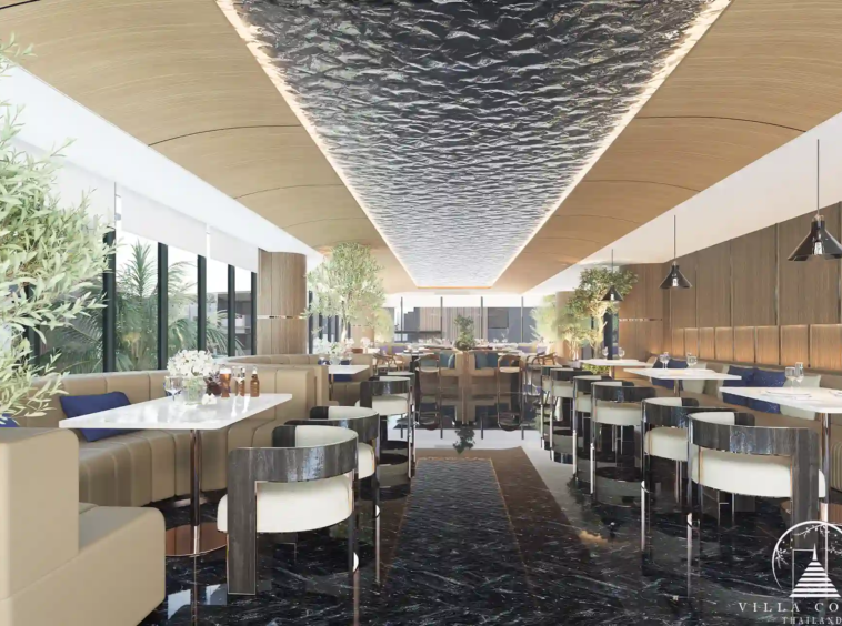 The Forest Patong Condo restaurant with sculpted ceiling and marble floors