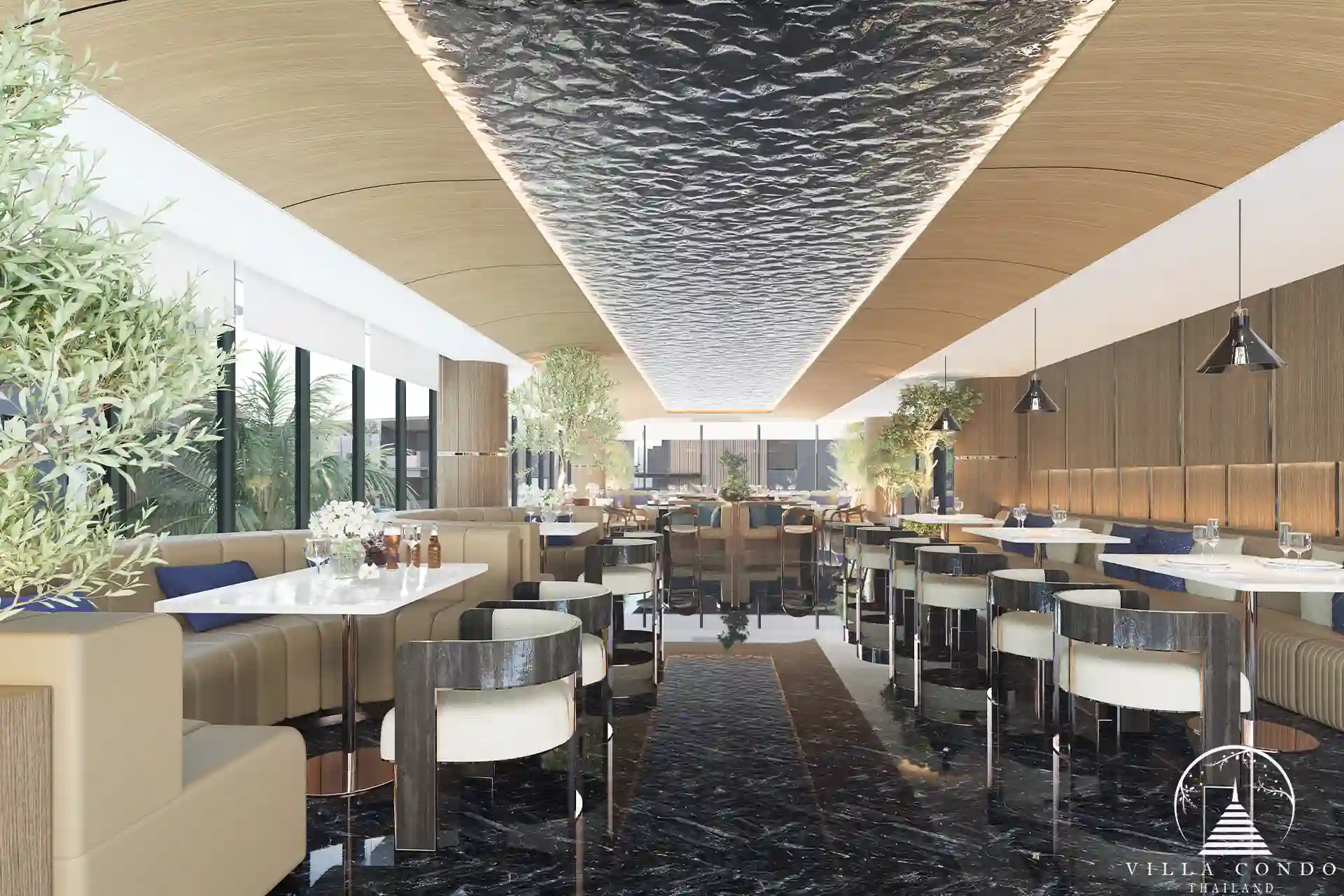 The Forest Patong Condo restaurant with sculpted ceiling and marble floors