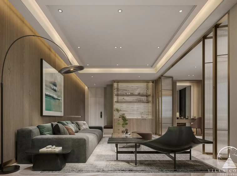 The Forest Patong Condo stylish lounge with feature lighting and shelving