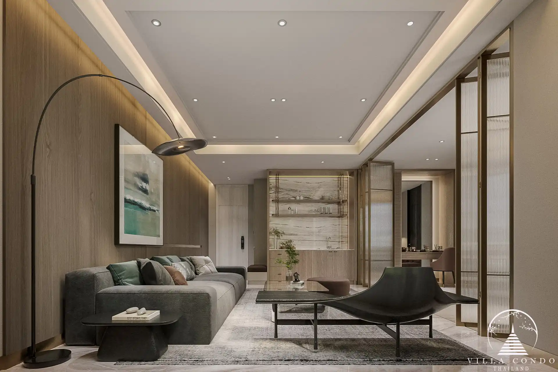 The Forest Patong Condo stylish lounge with feature lighting and shelving