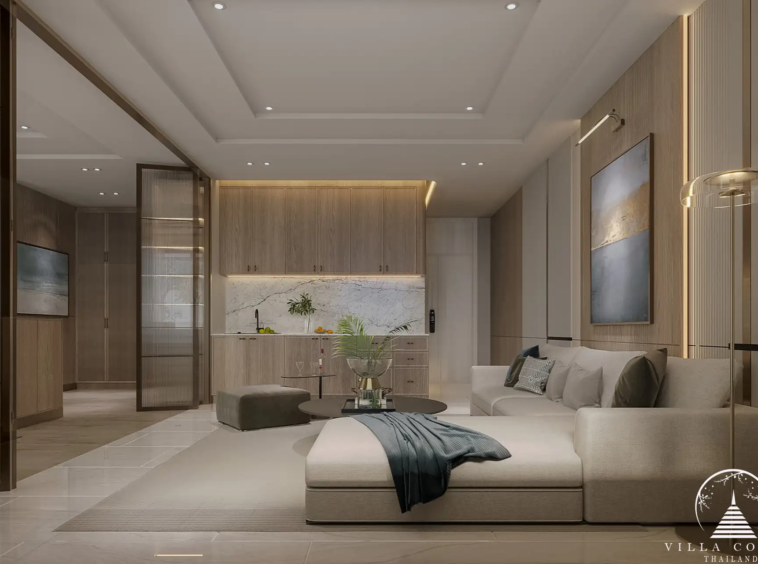 The Forest Patong Condo suite lounge with marble-backsplash pantry