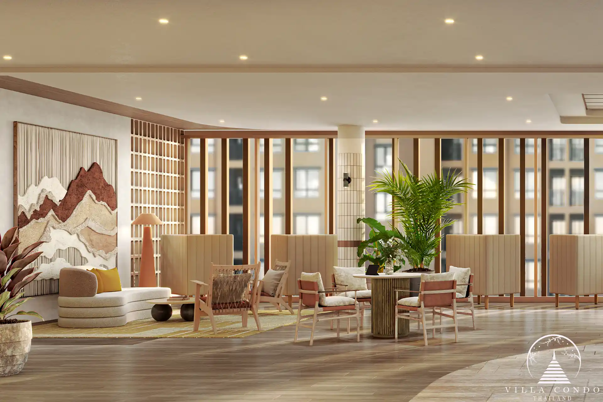 Dcondo Cove co-working lounge with private booths and warm wood accents