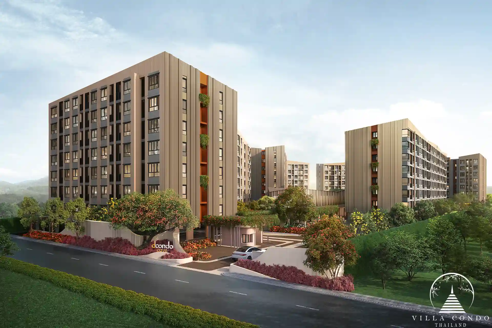 Dcondo Cove condo exterior with landscaped entrance in Kathu Phuket