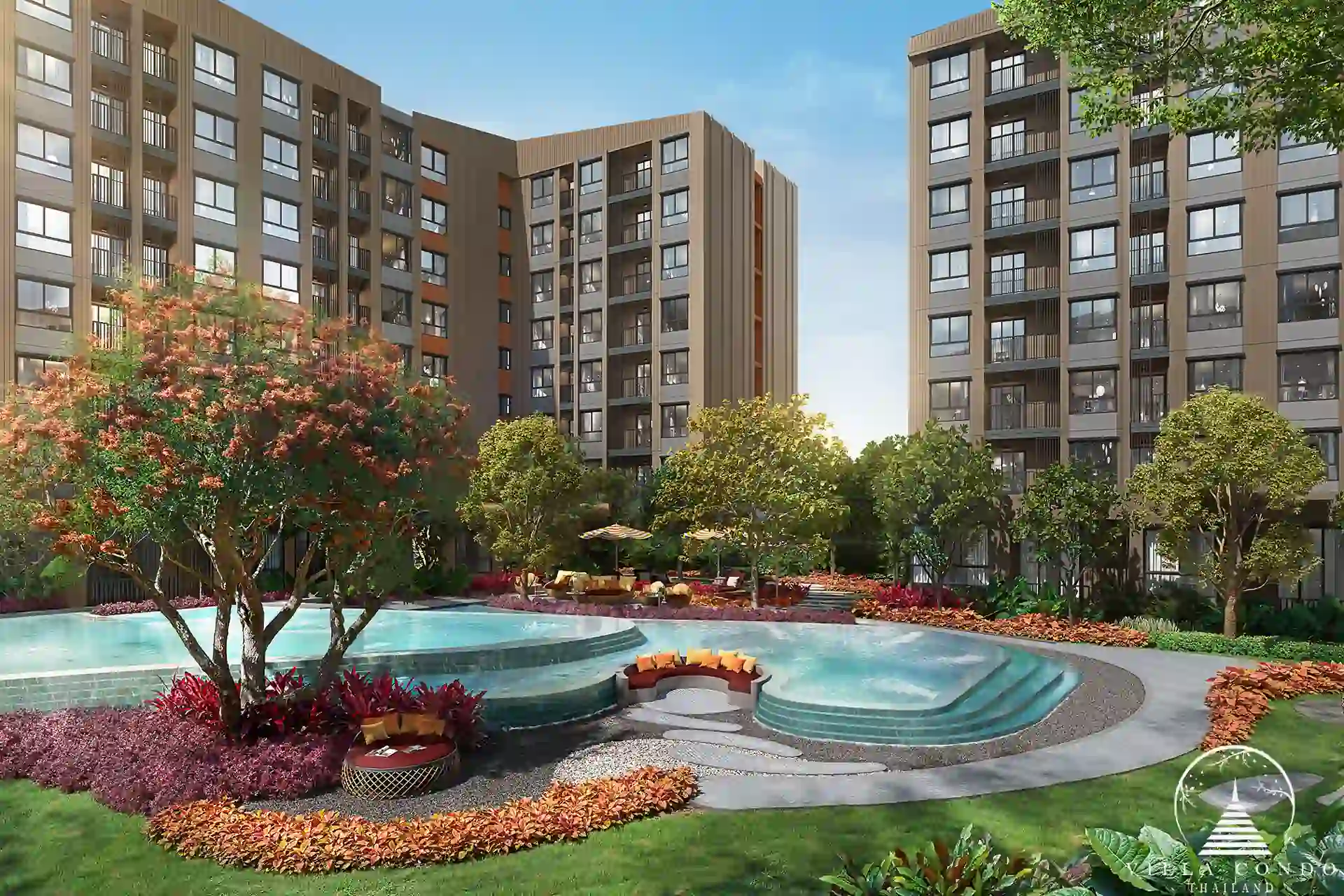 Dcondo Cove terraced garden pools with seating cove in Kathu Phuket