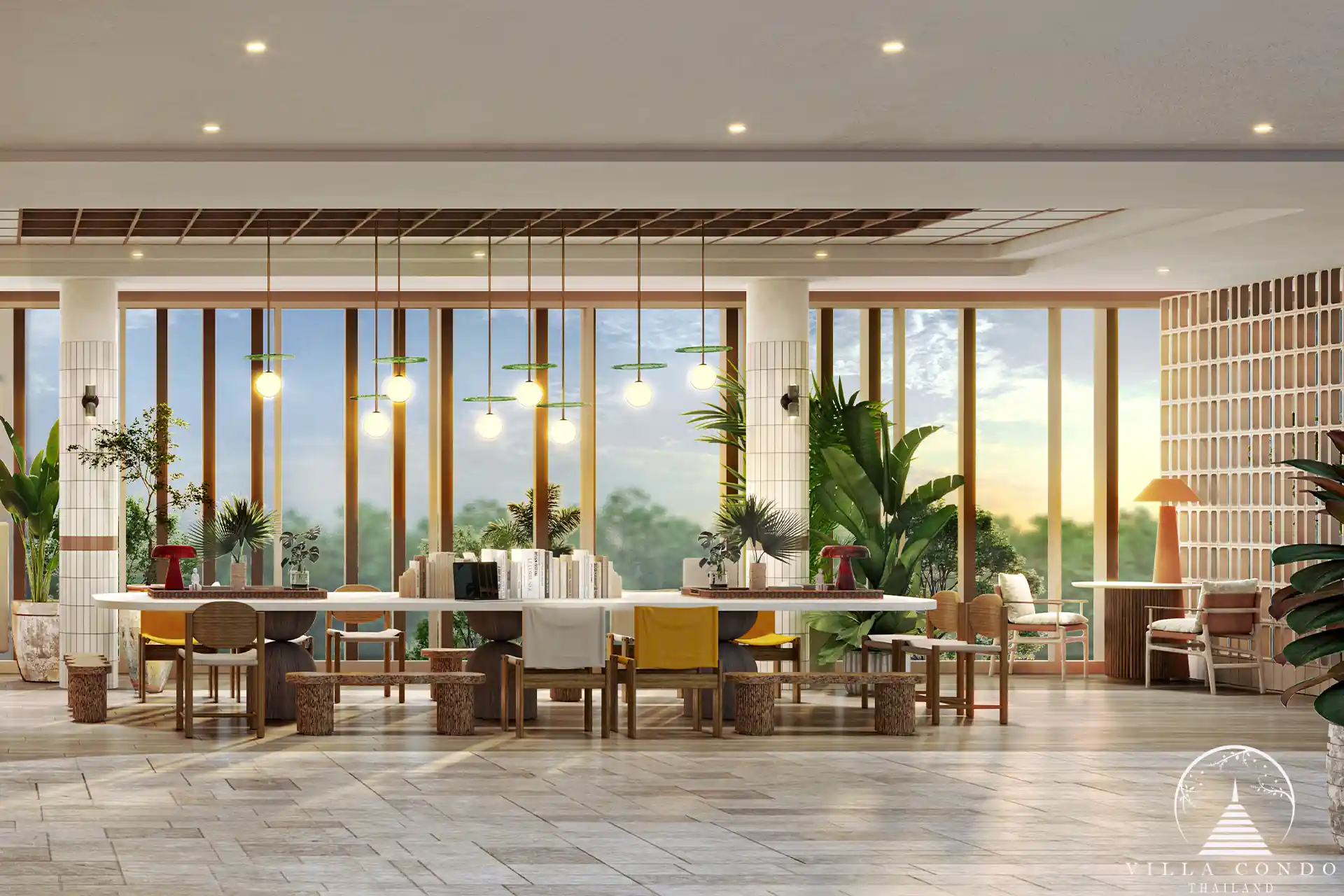 Dcondo Cove library lounge with long communal table and pendant lights