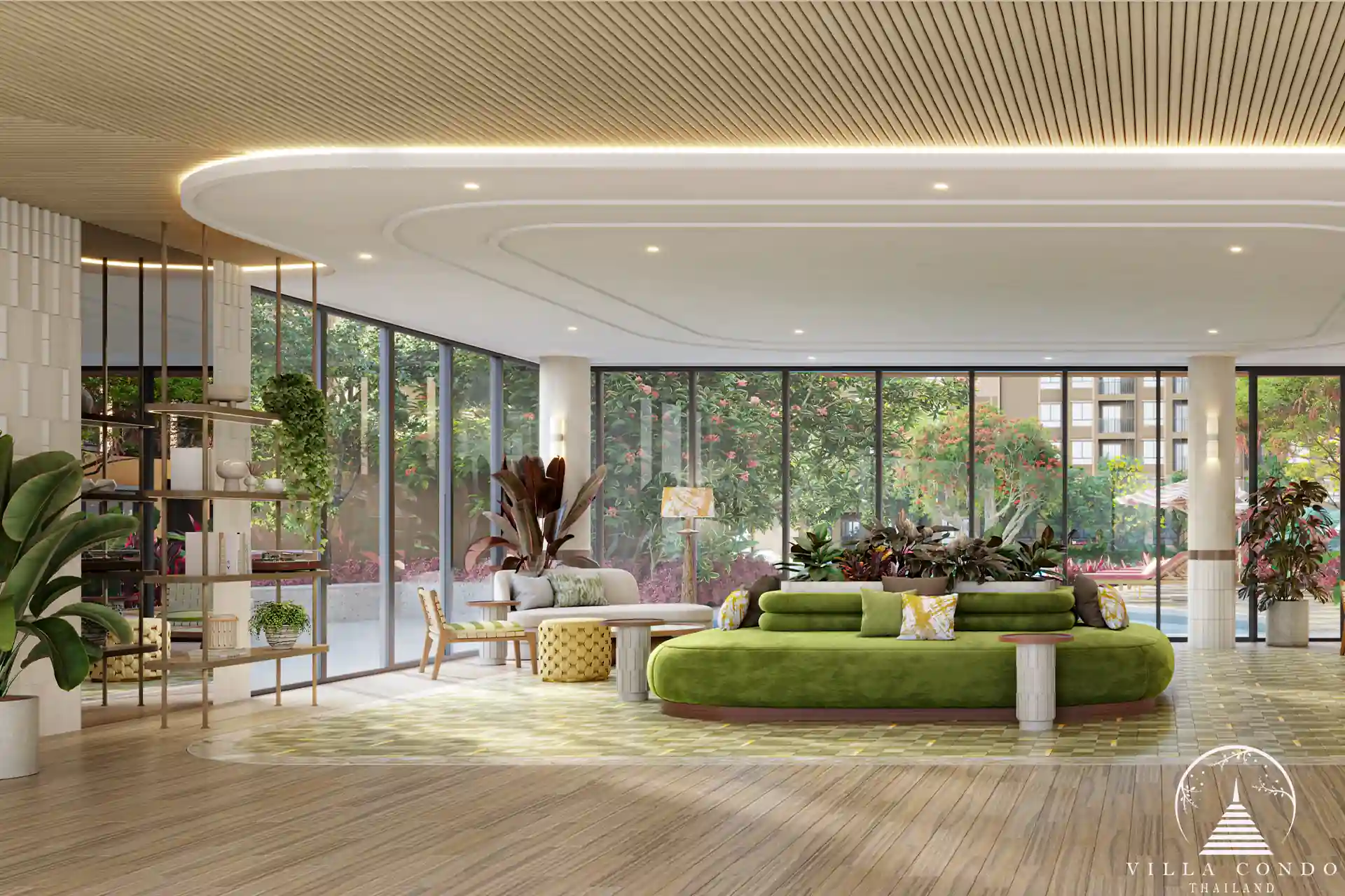Dcondo Cove lobby lounge with curved green sofa and garden views