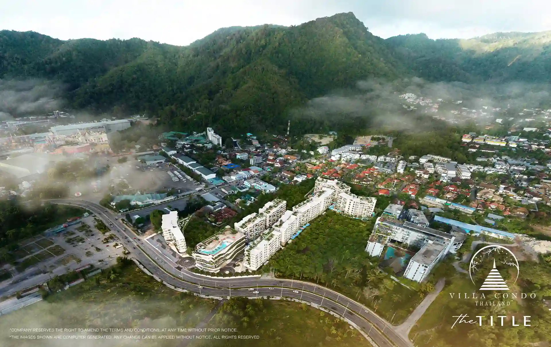 The Title Coralina Condo Kamala aerial masterplan with mountains and town