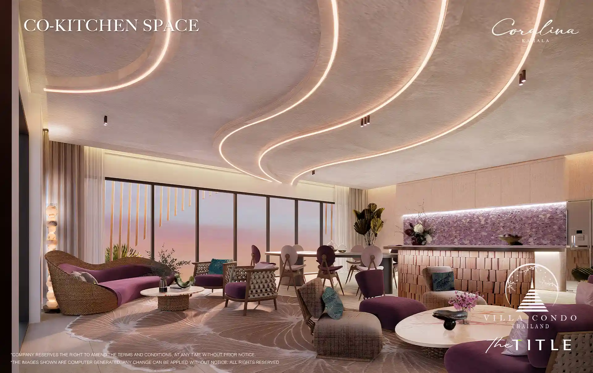 The Title Coralina Condo Kamala co-kitchen lounge with sunset view