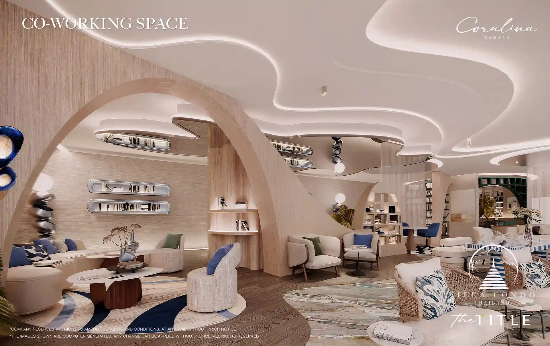 The Title Coralina Condo Kamala co-working space with sculpted lighting