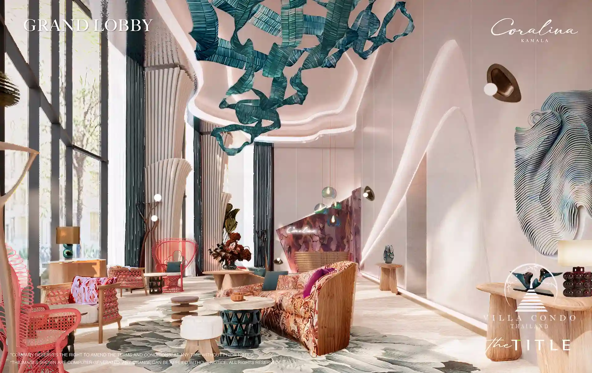 The Title Coralina Condo Kamala grand lobby with art installations